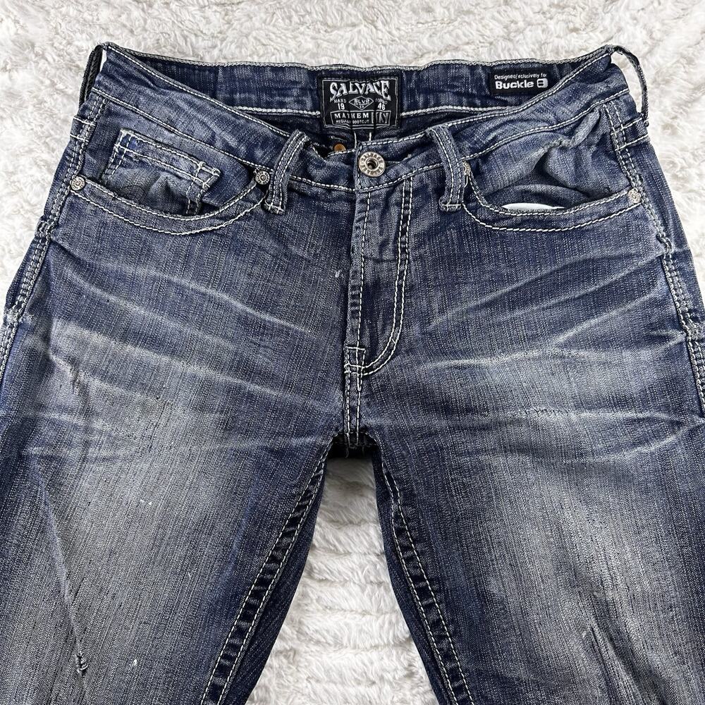 Buckle Salvage Jeans Men’s -31 S- Denim Blue Mayhem Regular Bootcut Distressed - Picture 2 of 16